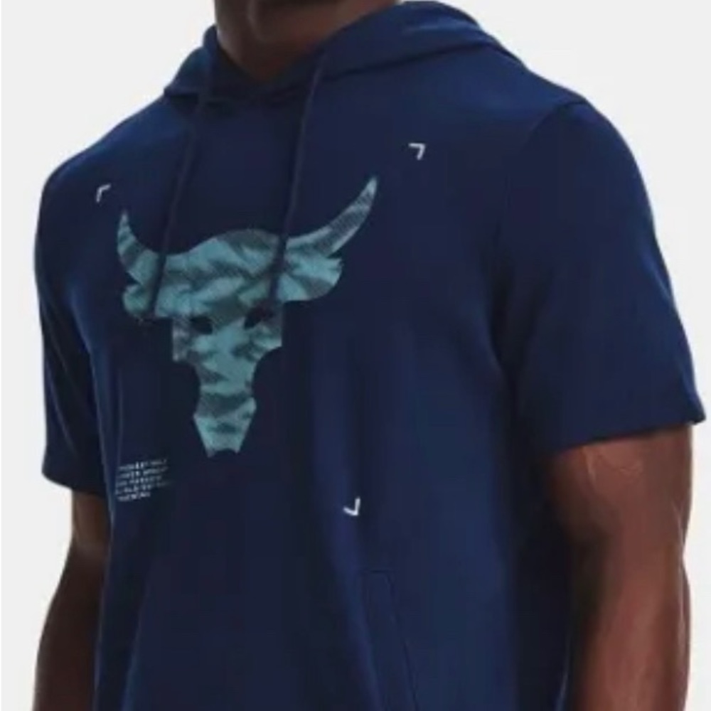 NWT Mens Under Armour Project Rock Terry Short Sleeve Hoodie Blue 1370465 - Picture 2 of 6